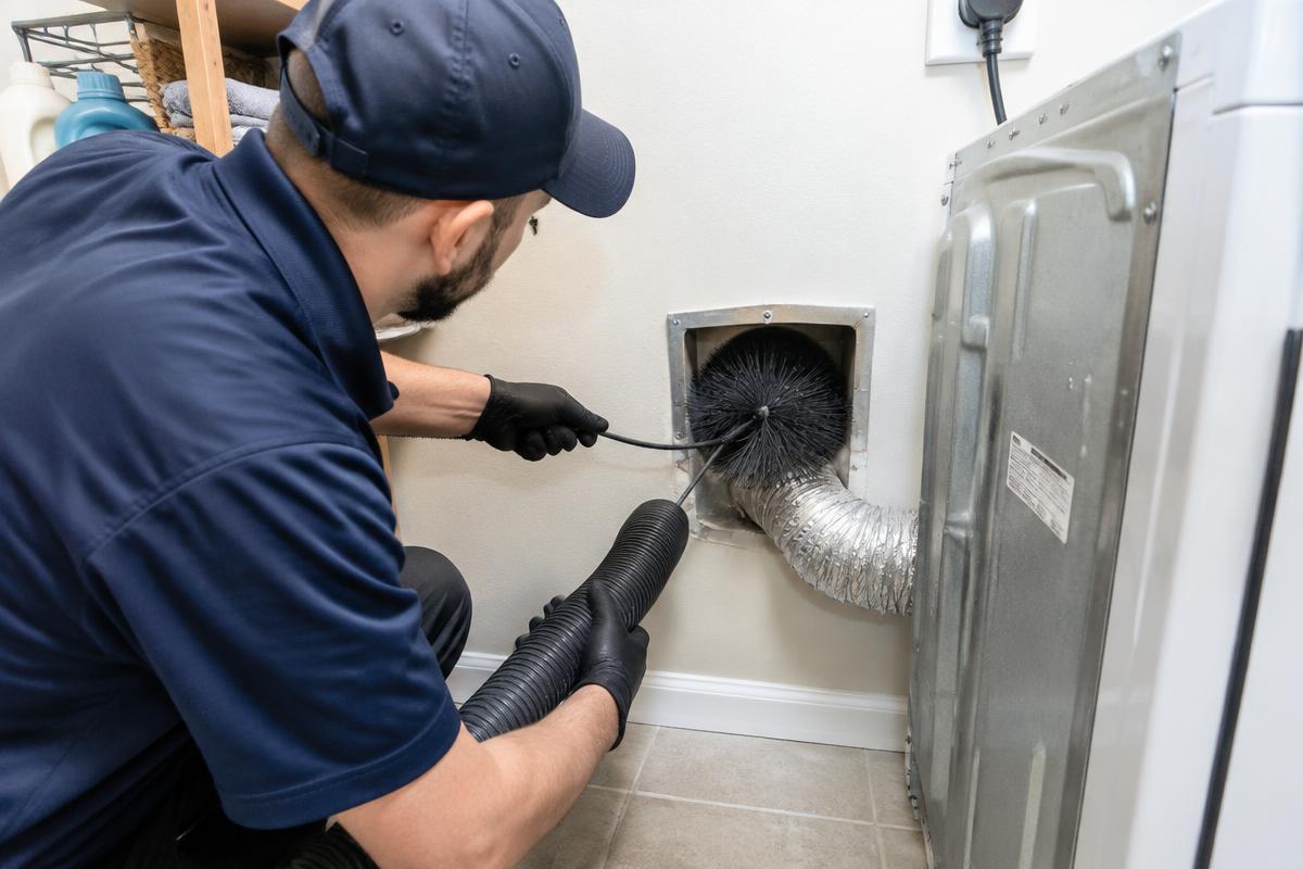 Technician cleaning a dryer vent in a home laundry room
